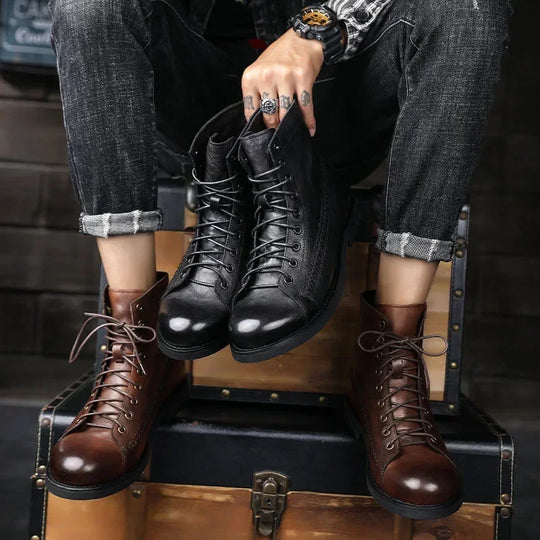 Men's Leather High-top Motorcycle Boots - Classic Retro Ankle String Motorcycle Shoes