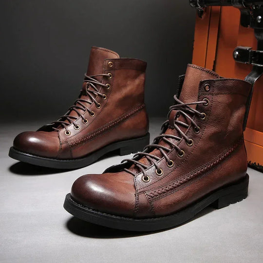 Men's Leather High-top Motorcycle Boots - Classic Retro Ankle String Motorcycle Shoes