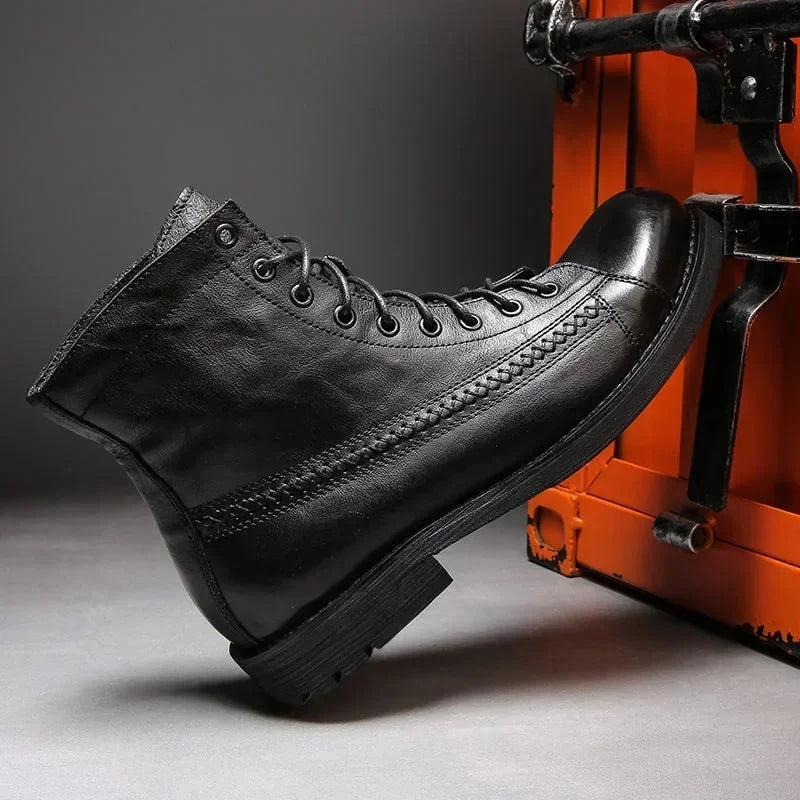 Men's Leather High-top Motorcycle Boots - Classic Retro Ankle String Motorcycle Shoes