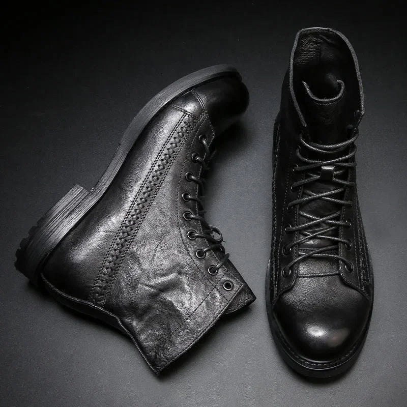 Men's Leather High-top Motorcycle Boots - Classic Retro Ankle String Motorcycle Shoes