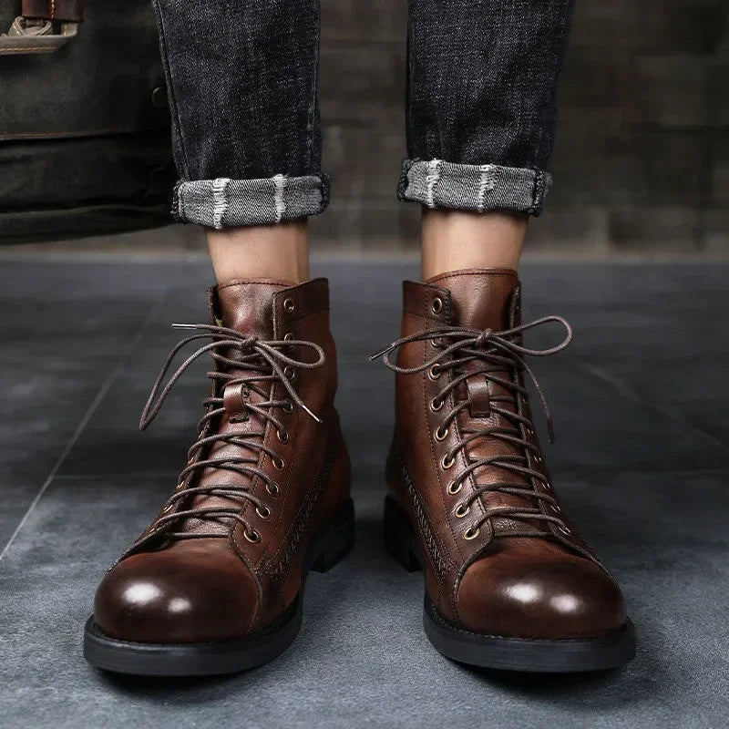 Men's Leather High-top Motorcycle Boots - Classic Retro Ankle String Motorcycle Shoes