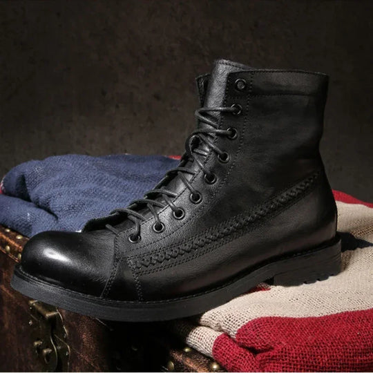 Men's Leather High-top Motorcycle Boots - Classic Retro Ankle String Motorcycle Shoes