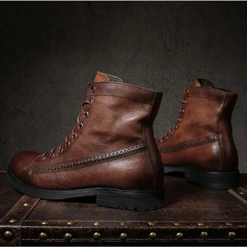 Men's Leather High-top Motorcycle Boots - Classic Retro Ankle String Motorcycle Shoes