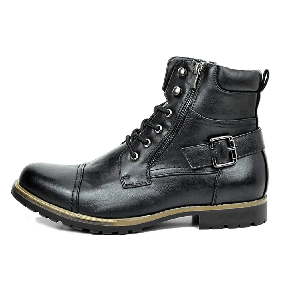 Leather Motorcycle Boots - Double Zipper Square Heel Classic Reinforced Boots