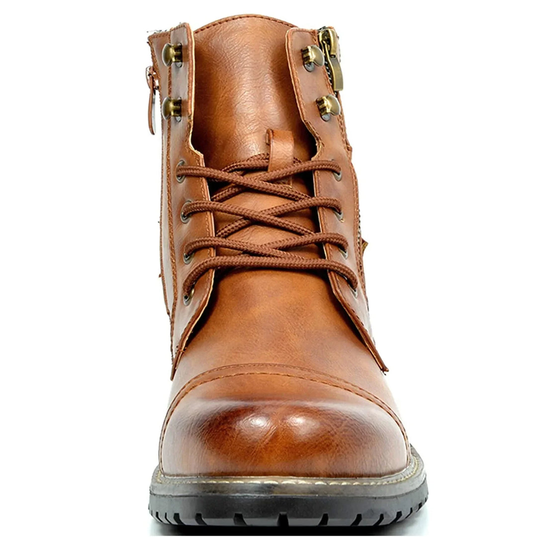 Leather Motorcycle Boots - Double Zipper Square Heel Classic Reinforced Boots