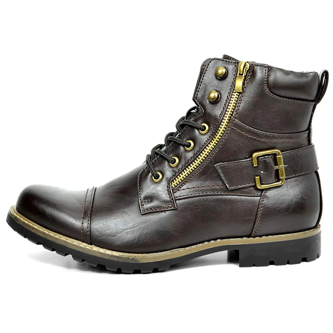 Leather Motorcycle Boots - Double Zipper Square Heel Classic Reinforced Boots