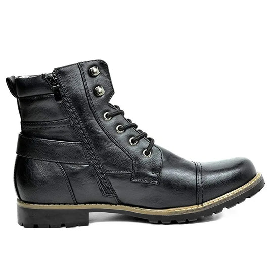 Leather Motorcycle Boots - Double Zipper Square Heel Classic Reinforced Boots