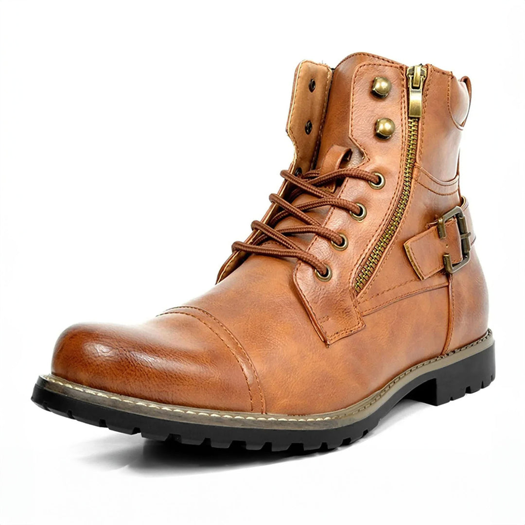 Leather Motorcycle Boots - Double Zipper Square Heel Classic Reinforced Boots