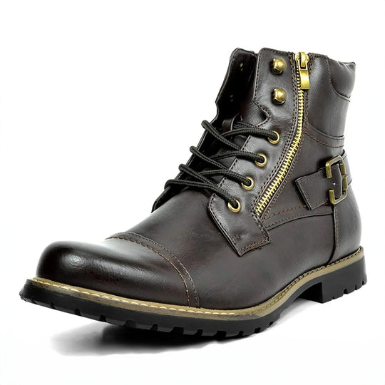 Leather Motorcycle Boots - Double Zipper Square Heel Classic Reinforced Boots