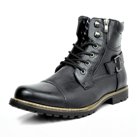 Leather Motorcycle Boots - Double Zipper Square Heel Classic Reinforced Boots